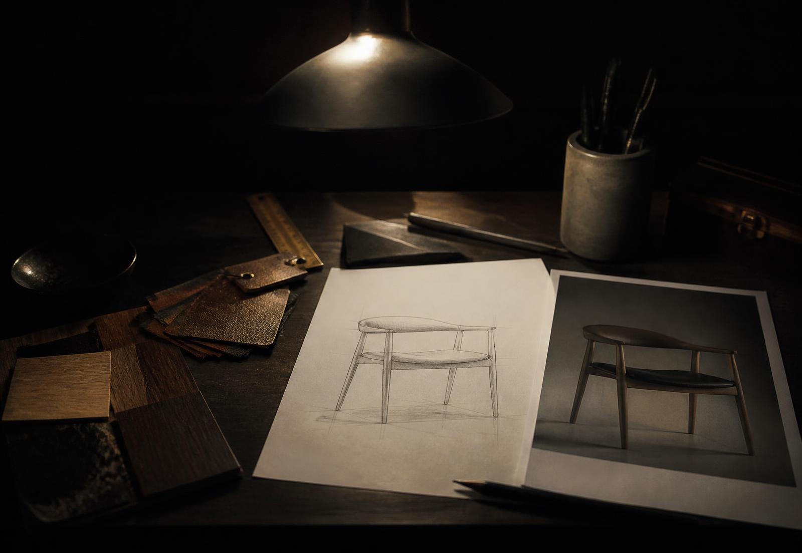A pencil sketch and a render of a chair on a dark workbench with wood and leather samples